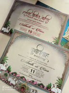 KLB935 Royal Blue Pichwai Radha Krishna Laser Cut Padded Thick Wedding Card (2 Page & Couple Name Wooden Plate)