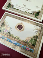 KLB938 Creme Royal Fort Padded Thick Wedding Card (2 Page & Couple Name Wooden Plate)