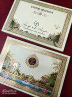 KLB938 Creme Royal Fort Padded Thick Wedding Card (2 Page & Couple Name Wooden Plate)