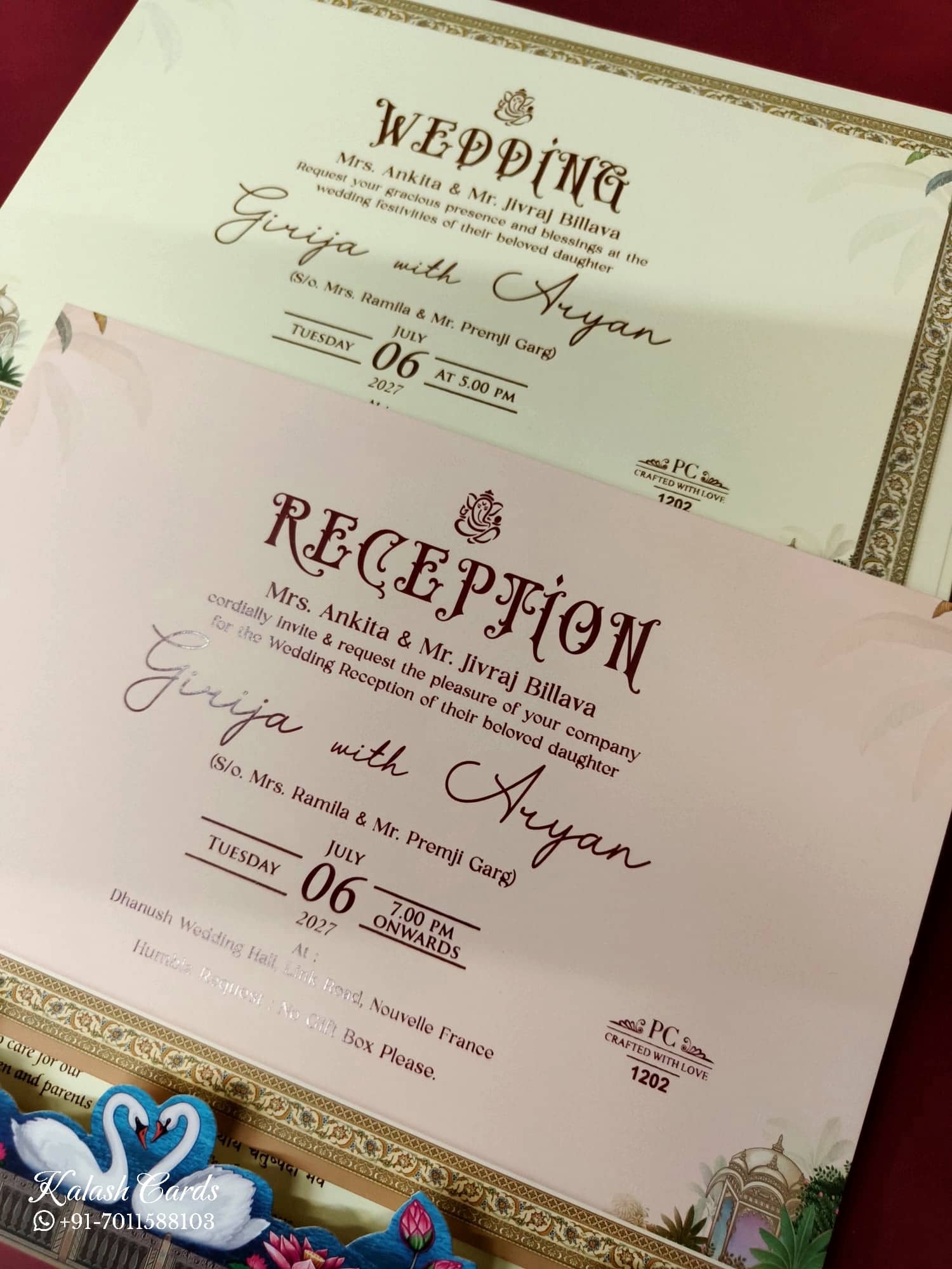 KLB938 Creme Royal Fort Padded Thick Wedding Card (2 Page & Couple Name Wooden Plate)