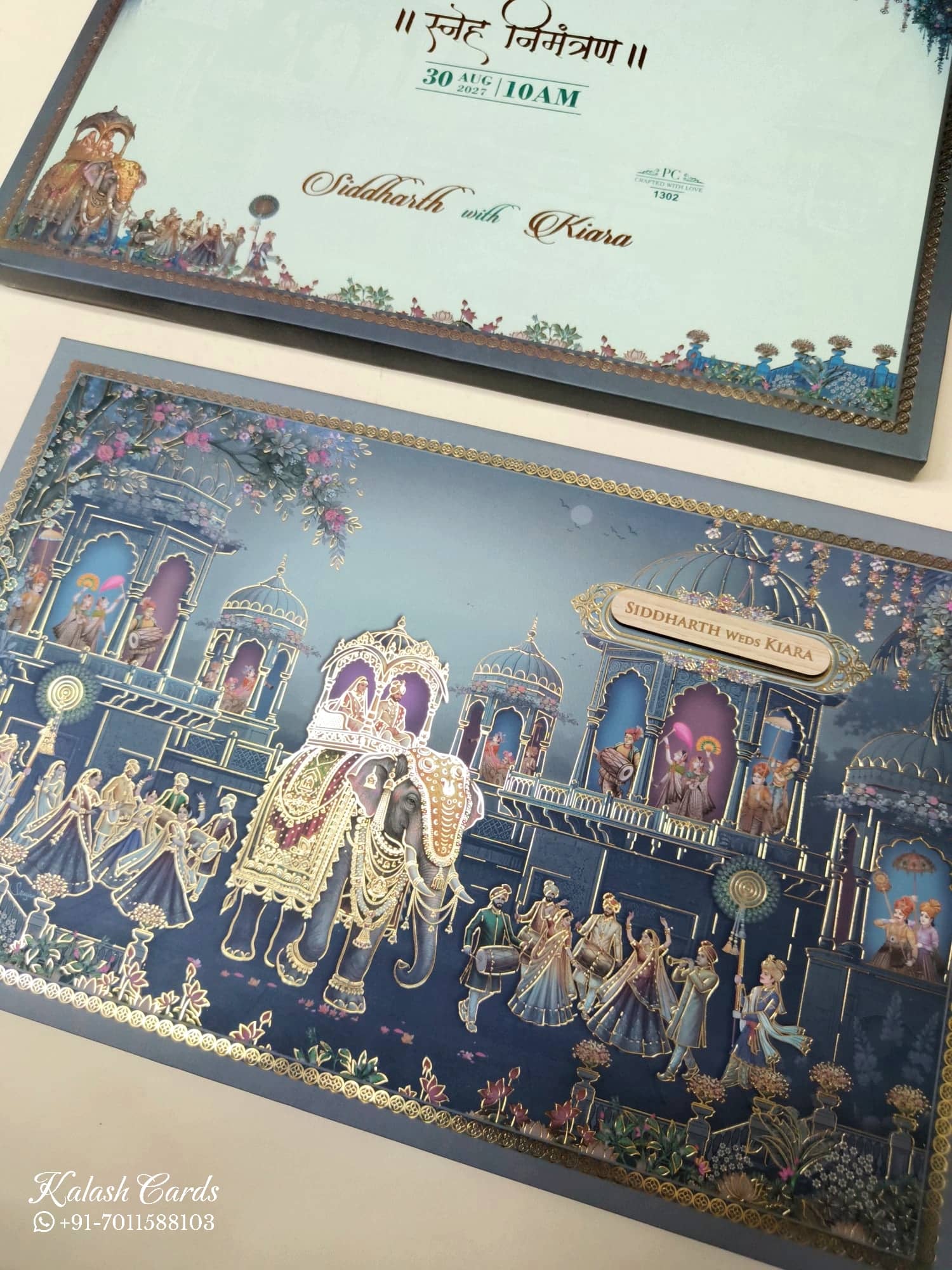 KLB940 Blue Royal Fort Barat Padded Thick Wedding Card (2 Page & Couple Name Wooden Plate)