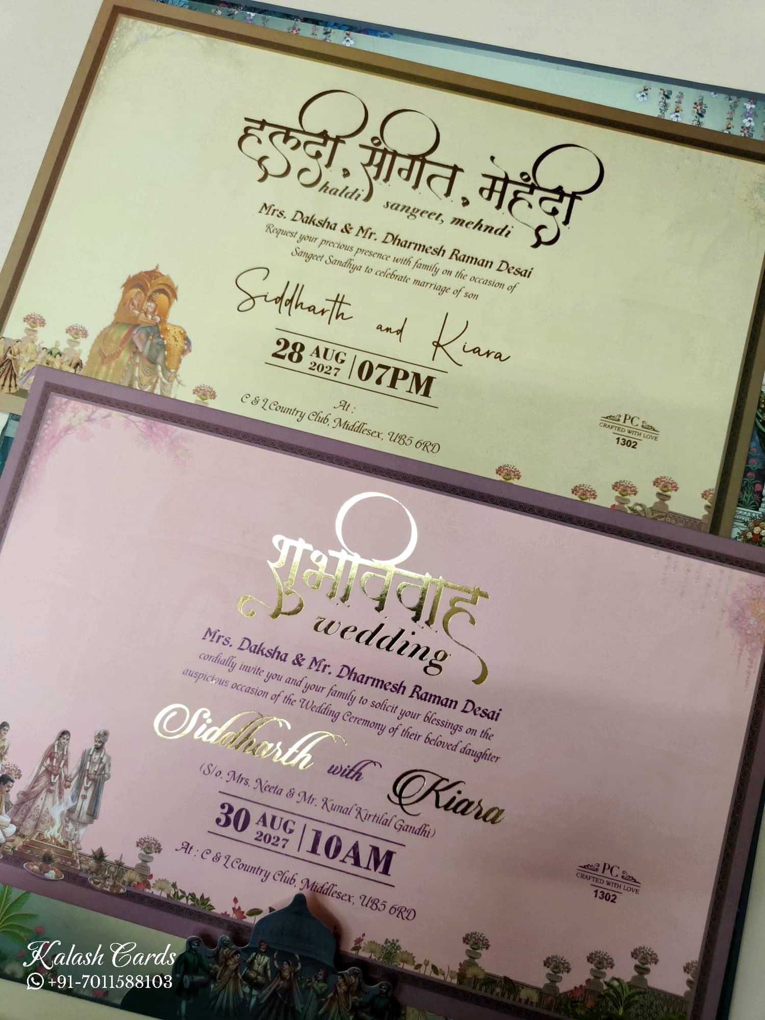 KLB940 Blue Royal Fort Barat Padded Thick Wedding Card (2 Page & Couple Name Wooden Plate)