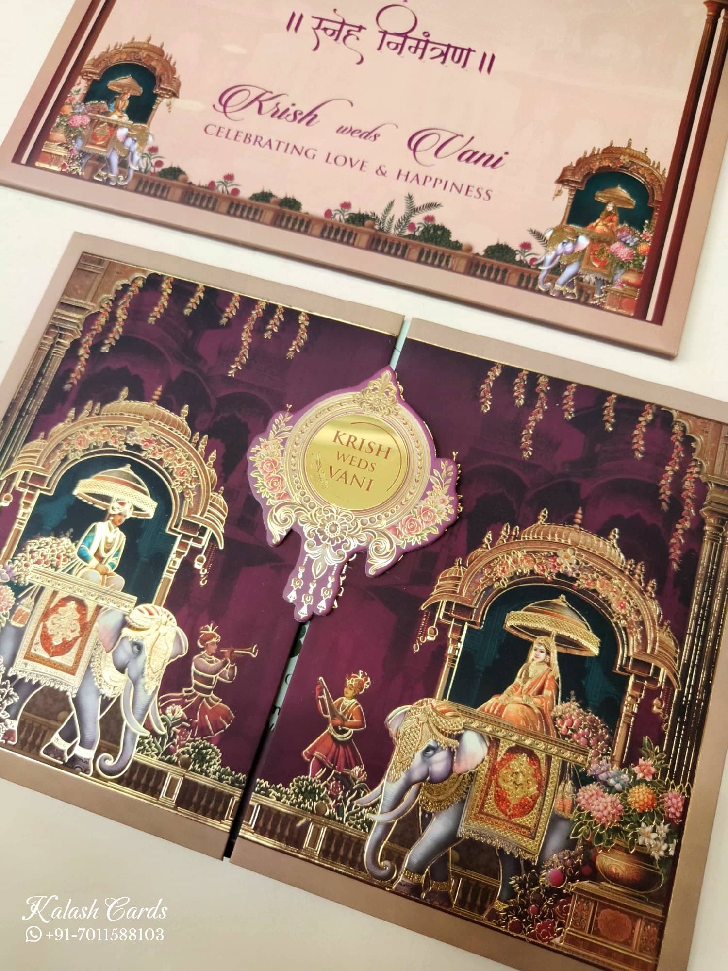 KLB941 Maroon Elephant Door Style Padded Thick Wedding Card (2 Page & Couple Name Acrylic)