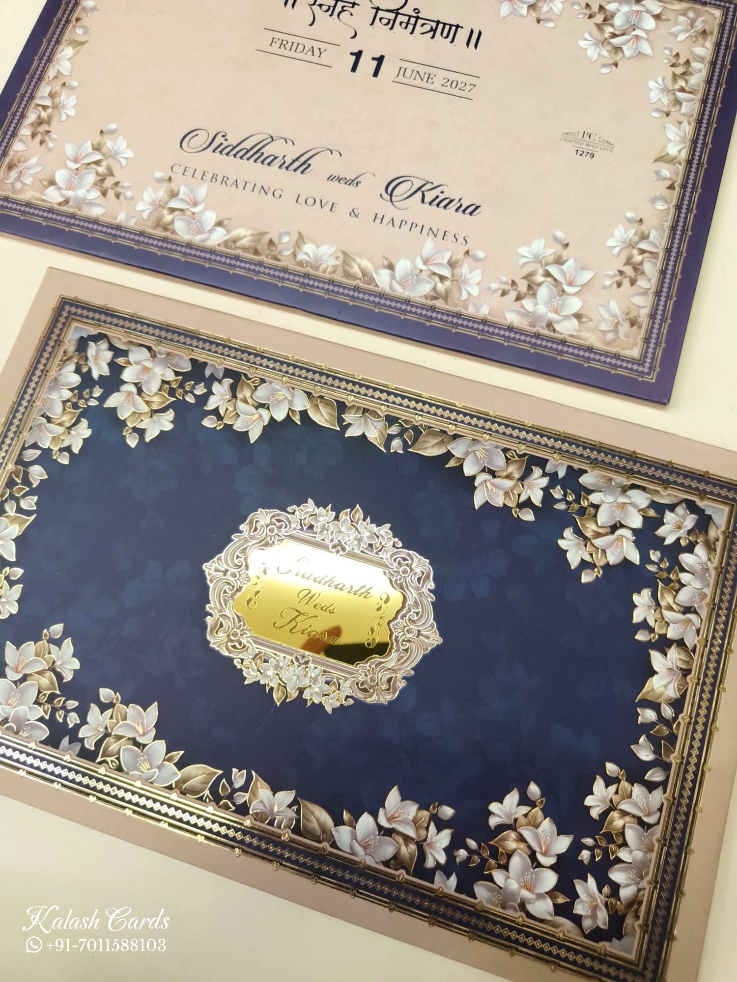 KLB942 Creme Royal Blue Floral Padded Thick Wedding Card (2 Page)