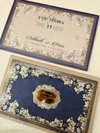 KLB942 Creme Royal Blue Floral Padded Thick Wedding Card (2 Page)