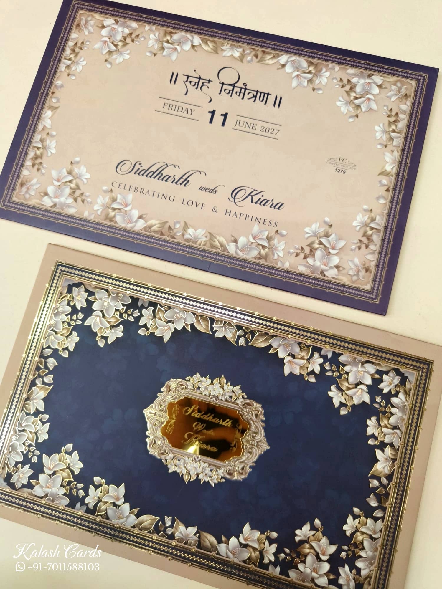 KLB942 Creme Royal Blue Floral Padded Thick Wedding Card (2 Page)