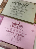 KLB943 Creme Brown Radha Krishna Ganesh Ji Padded Thick Wedding Card (2 Page & Couple Name Wooden Plate)