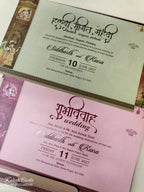 KLB943 Creme Brown Radha Krishna Ganesh Ji Padded Thick Wedding Card (2 Page & Couple Name Wooden Plate)