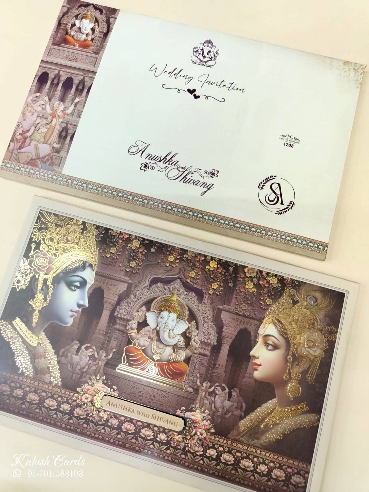 KLB944 Brown Radha Krishna Ganesh Ji Padded Thick Wedding Card (2 Page & Couple Name Wooden Plate)