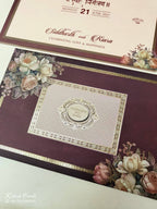KLB945 Maroon Floral Padded Thick Wedding Card (2 Page & Couple Name Wooden Plate)