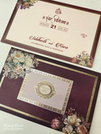 KLB945 Maroon Floral Padded Thick Wedding Card (2 Page & Couple Name Wooden Plate)
