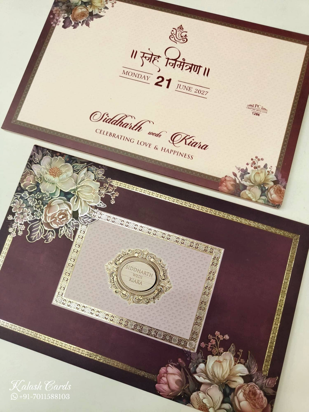 KLB945 Maroon Floral Padded Thick Wedding Card (2 Page & Couple Name Wooden Plate)