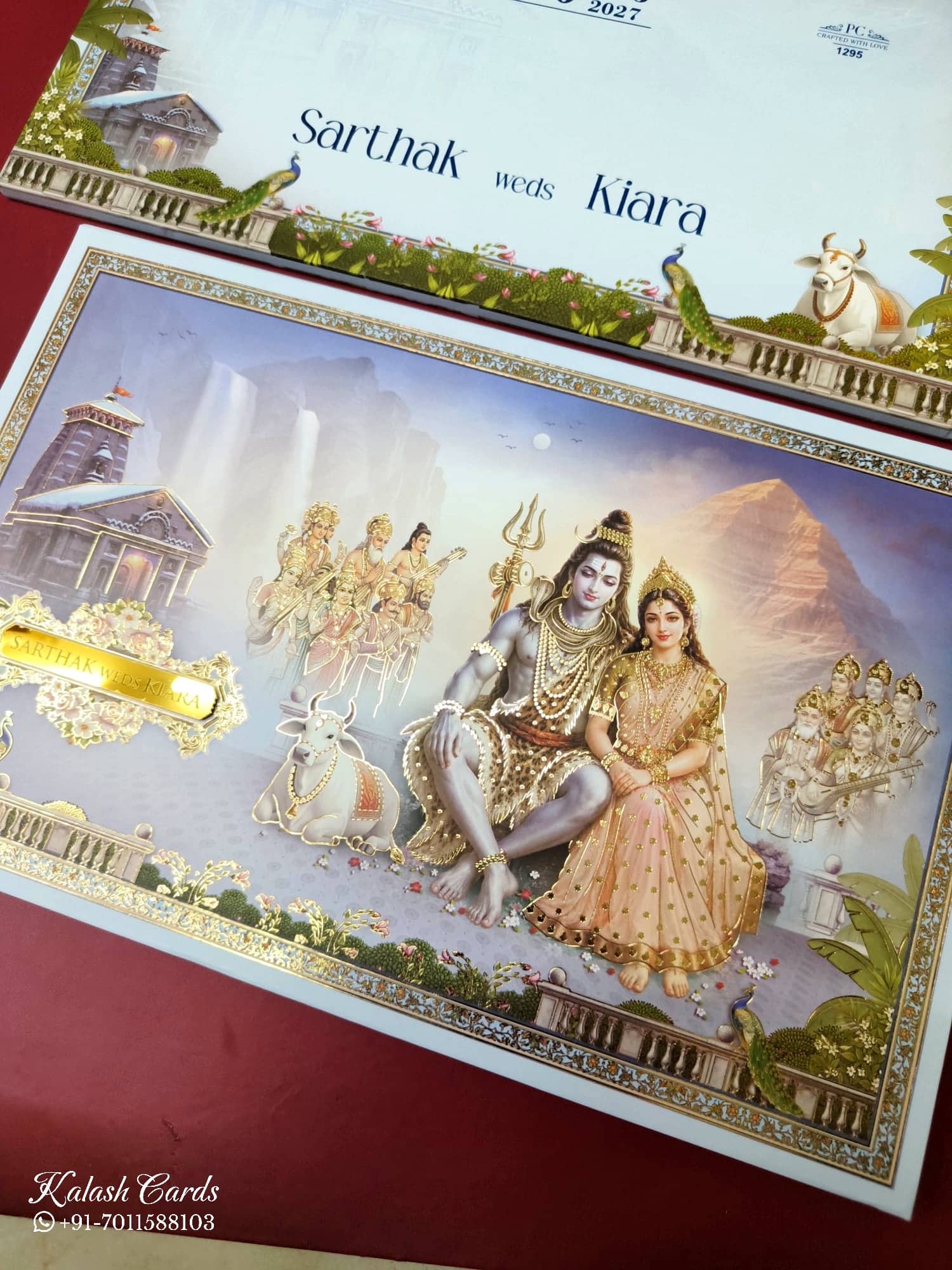 KLB947 Blue Shiv Parvati Padded Thick Wedding Card (2 Page & Couple Name Wooden Plate)