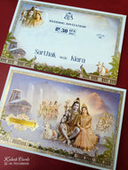 KLB947 Blue Shiv Parvati Padded Thick Wedding Card (2 Page & Couple Name Wooden Plate)