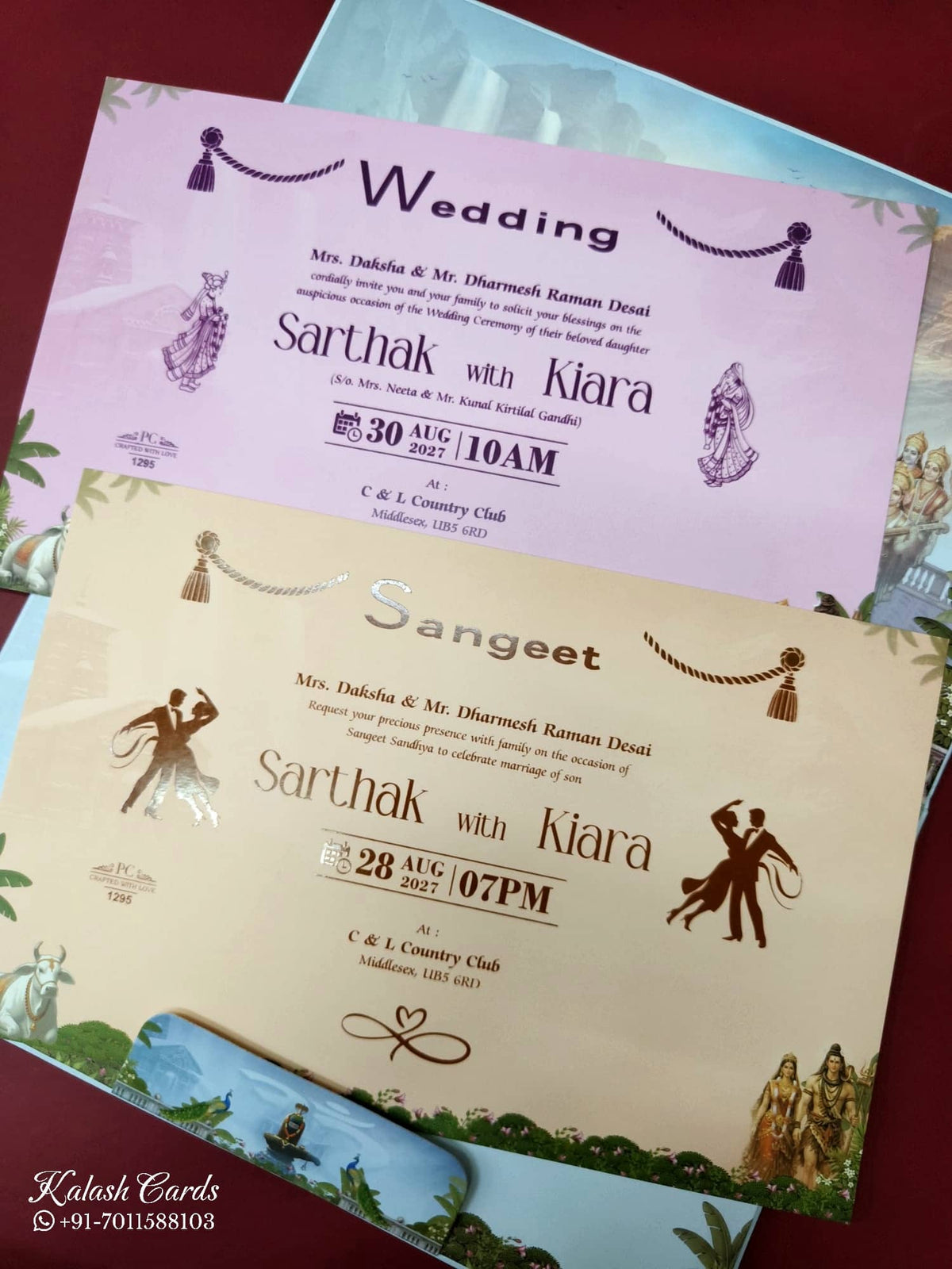 KLB947 Blue Shiv Parvati Padded Thick Wedding Card (2 Page & Couple Name Wooden Plate)