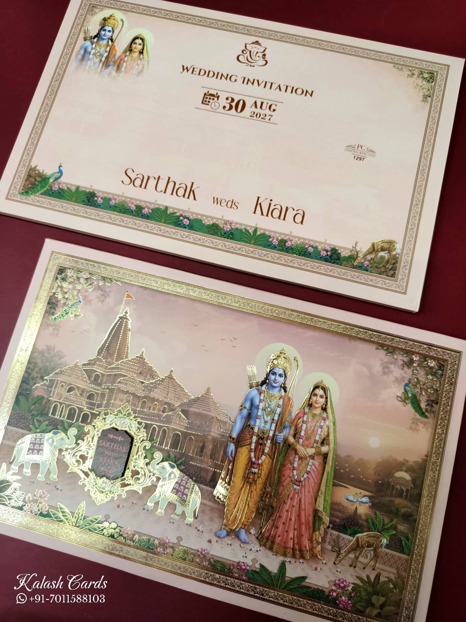 KLB948 Peach Ram Sita Temple Padded Thick Wedding Card (2 Page & Couple Name Wooden Plate)