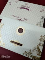 KLB949 White Royal Arch Embossed Padded Thick Wedding Card (2 Page & Couple Name Wooden Plate)