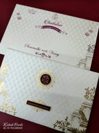KLB949 White Royal Arch Embossed Padded Thick Wedding Card (2 Page & Couple Name Wooden Plate)