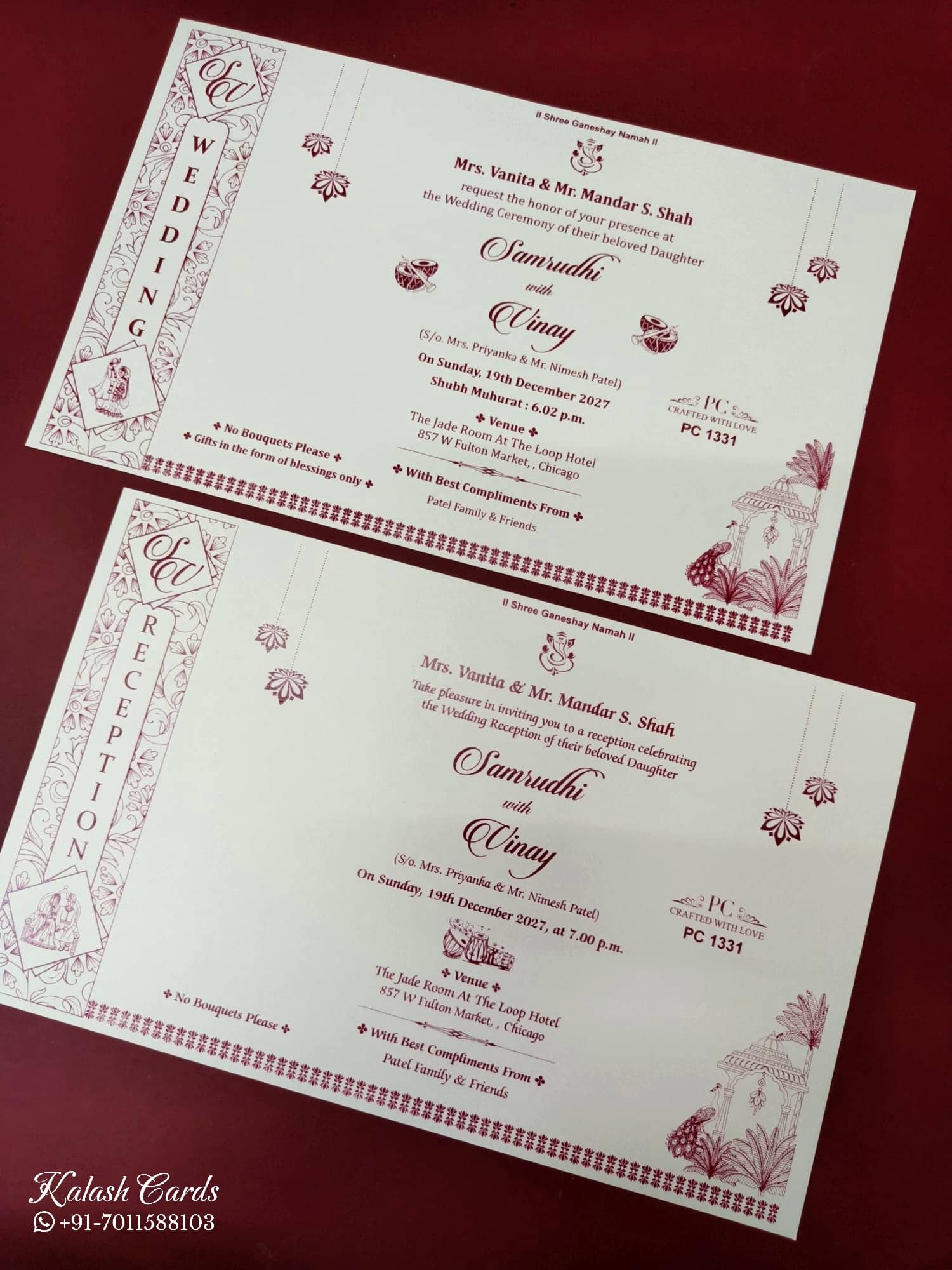 KLB950 White Floral Padded Thick Wedding Card (2 Page & Couple Name Wooden Plate)