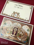 KLB952 Creme Ram Temple Padded Thick Wedding Card (2 Page & Couple Name Wooden Plate)