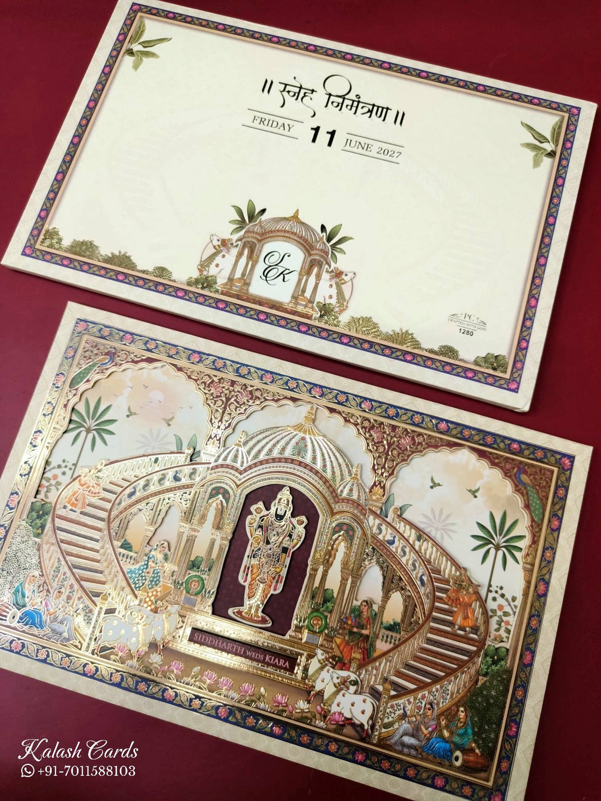 KLB952 Creme Ram Temple Padded Thick Wedding Card (2 Page & Couple Name Wooden Plate)