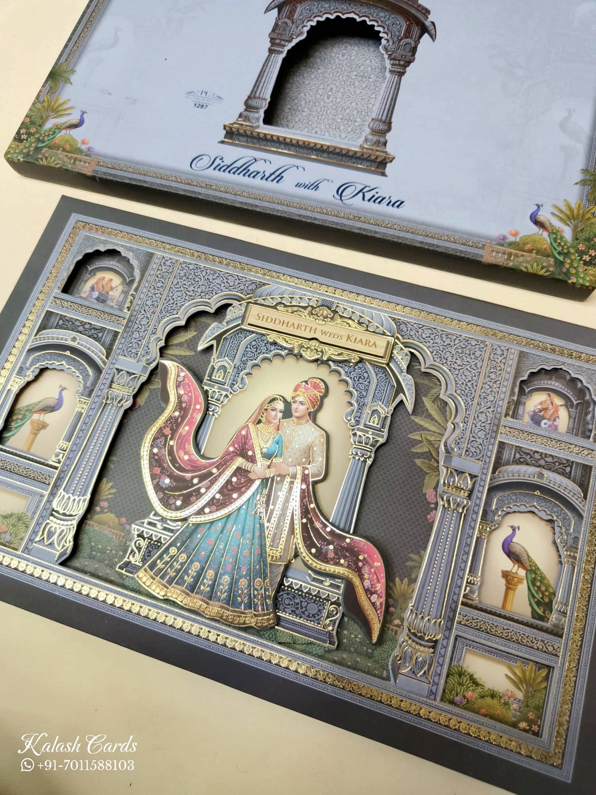 KLB953 Blue Bride Groom Laser Cut Padded Thick Wedding Card (2 Page & Couple Name Wooden Plate)