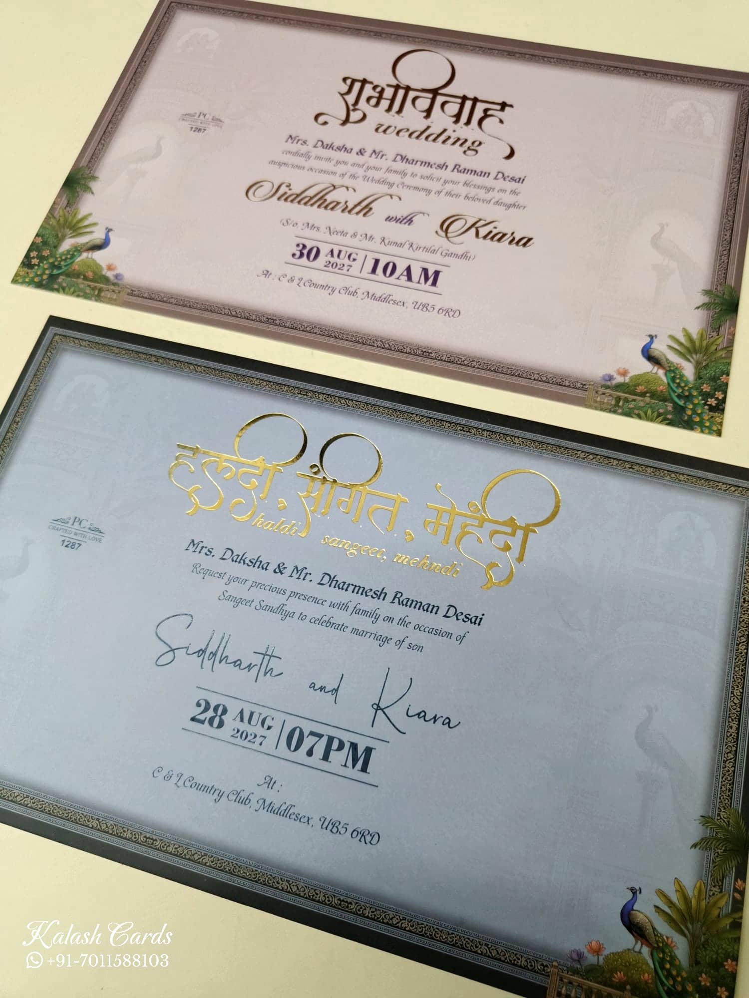 KLB953 Blue Bride Groom Laser Cut Padded Thick Wedding Card (2 Page & Couple Name Wooden Plate)