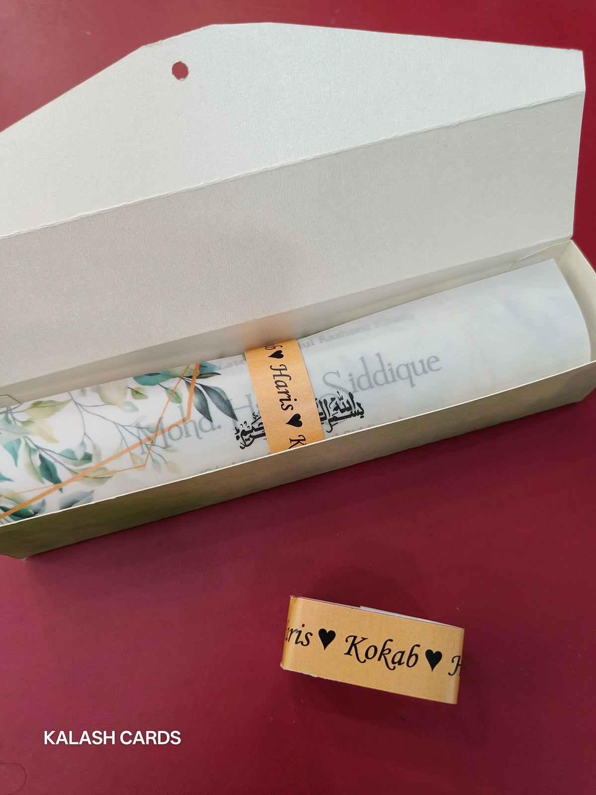 KL2094 Luxury Translucent Scroll Wedding Card with Matching Box Cover and Personalised Band-Kalash Cards