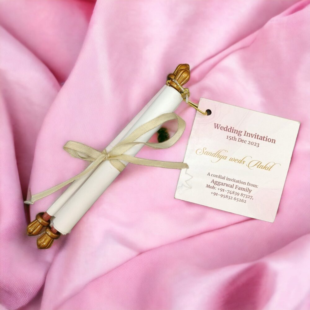 KL2120 Paper Scroll Wedding Card with Tag - Kalash Cards