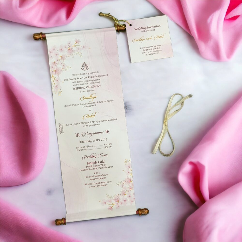 KL2120 Paper Scroll Wedding Card with Tag - Kalash Cards