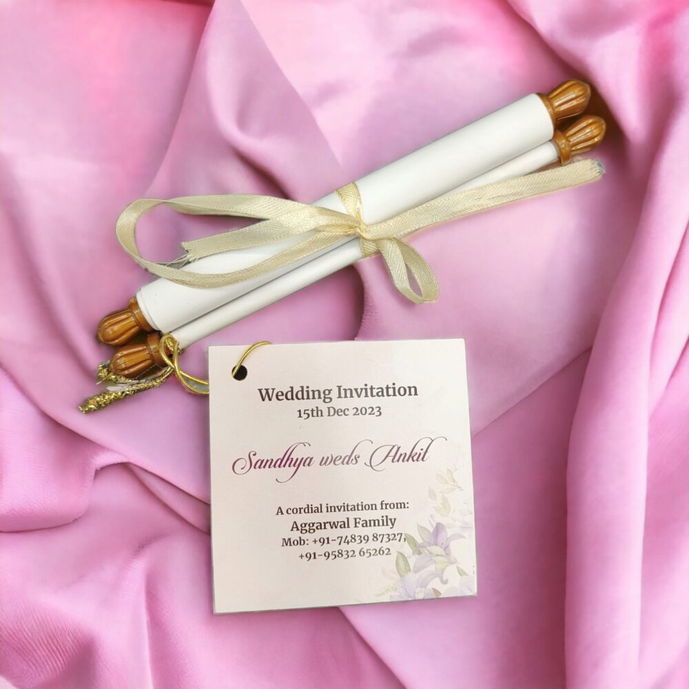 KL2127 Paper Scroll Wedding Card with Tag - Kalash Cards
