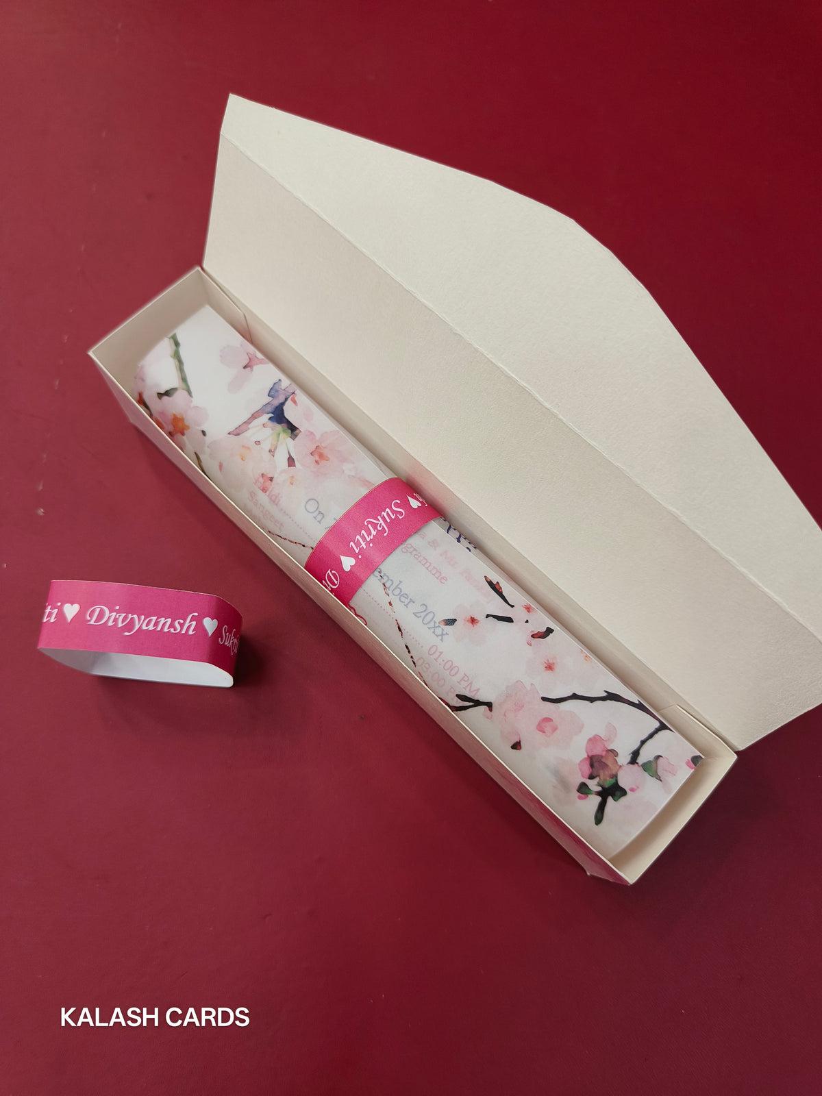 KL2143 Luxury Translucent Scroll Wedding Card with Matching Box Cover and Personalised Band-Kalash Cards