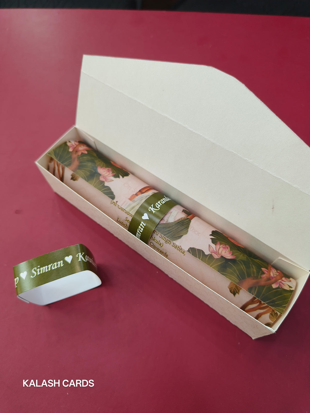 KL2149 Luxury Translucent Scroll Wedding Card with Matching Box Cover and Personalised Band-Kalash Cards