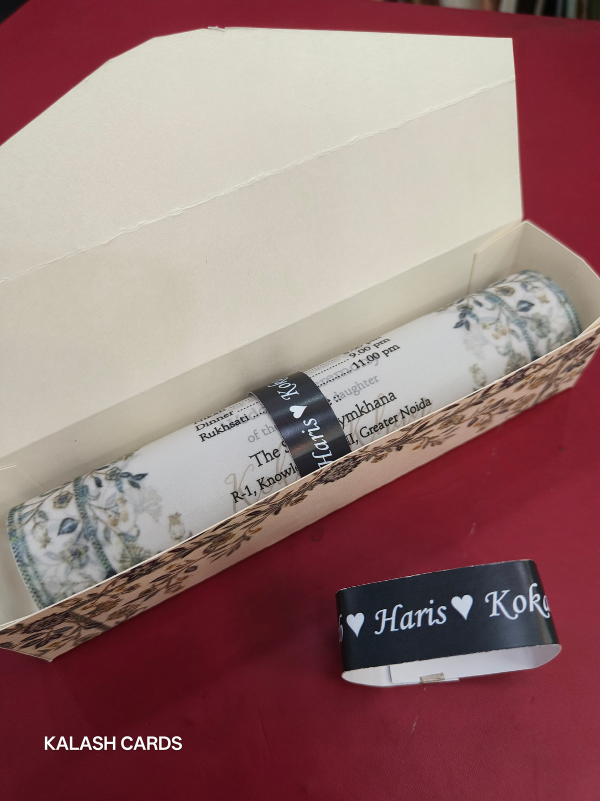 KL2150 Luxury Translucent Scroll Wedding Card with Matching Box Cover and Personalised Band-Kalash Cards