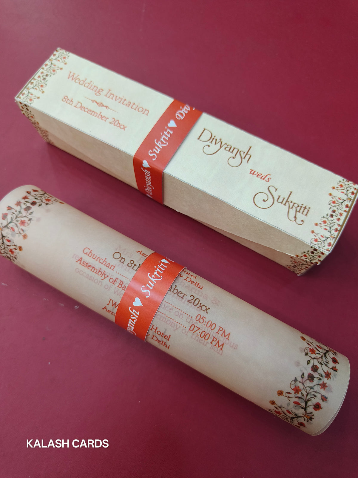 KL2231 Luxury Translucent Scroll Wedding Card with Matching Box Cover and Personalised Band-Kalash Cards