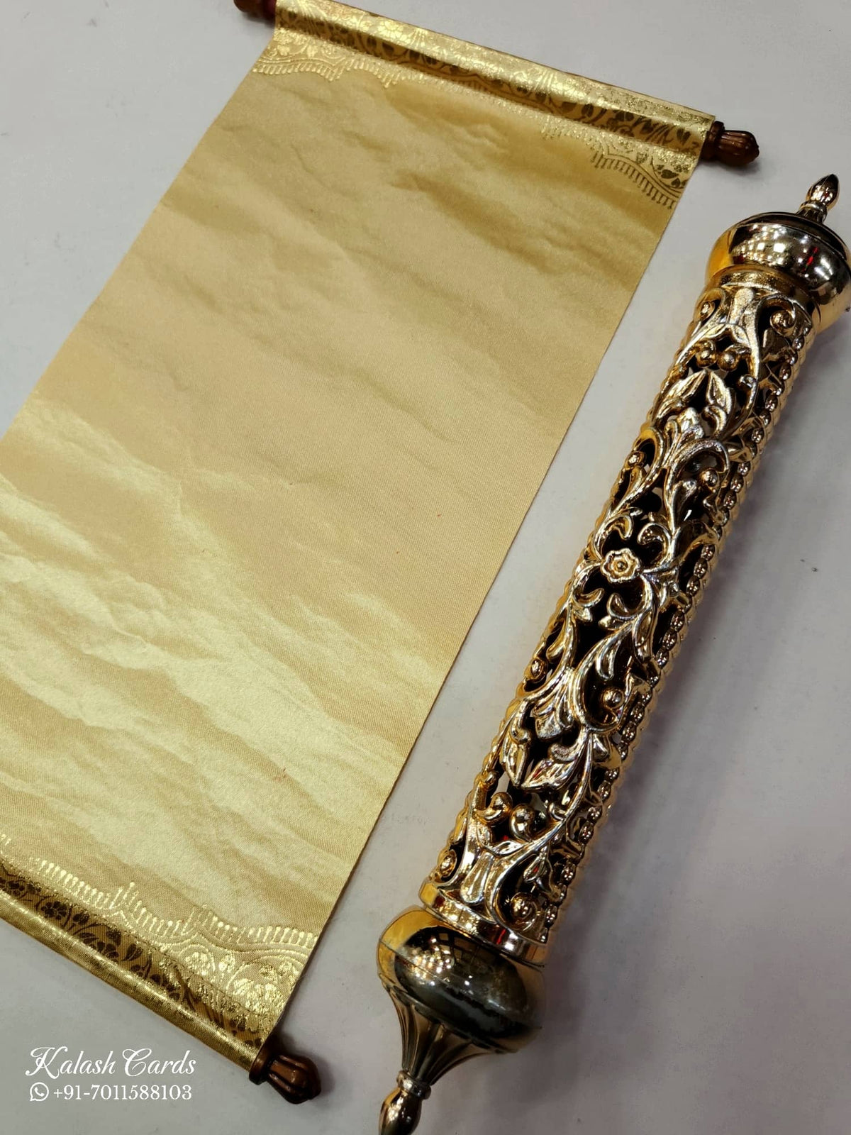 KLS301 Satin Fabric Scroll Wedding Card With Designer Plastic Holder