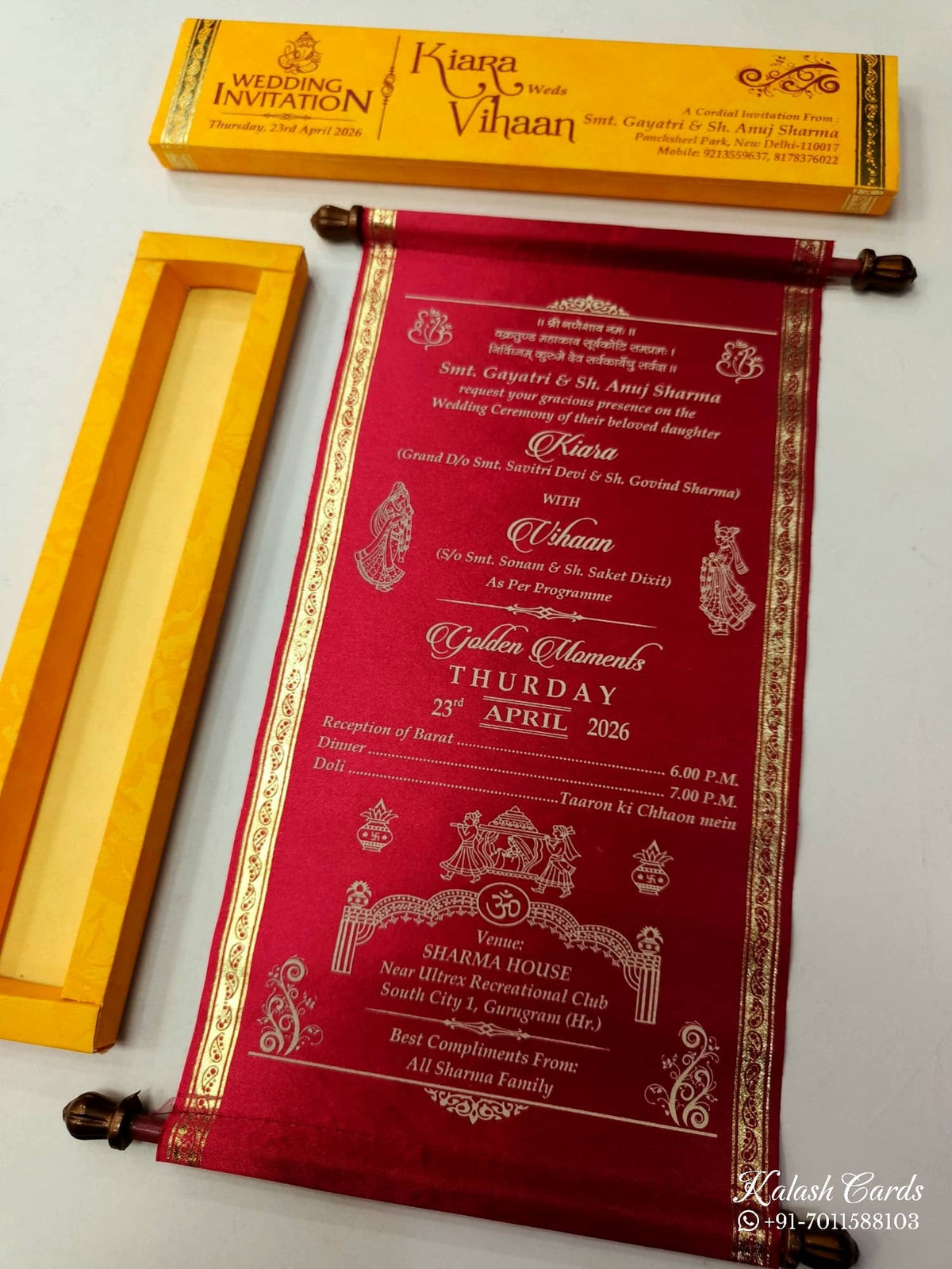 KLS304 Satin Fabric Scroll Wedding Card with Box-Kalash Cards