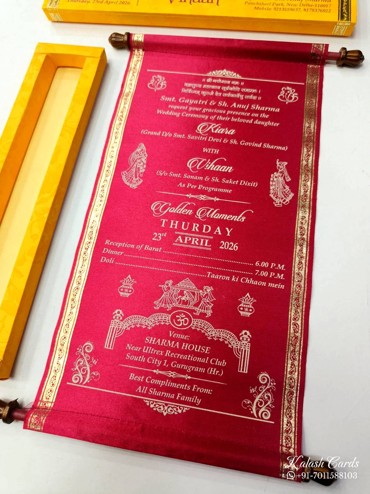 KLS304 Satin Fabric Scroll Wedding Card with Box-Kalash Cards