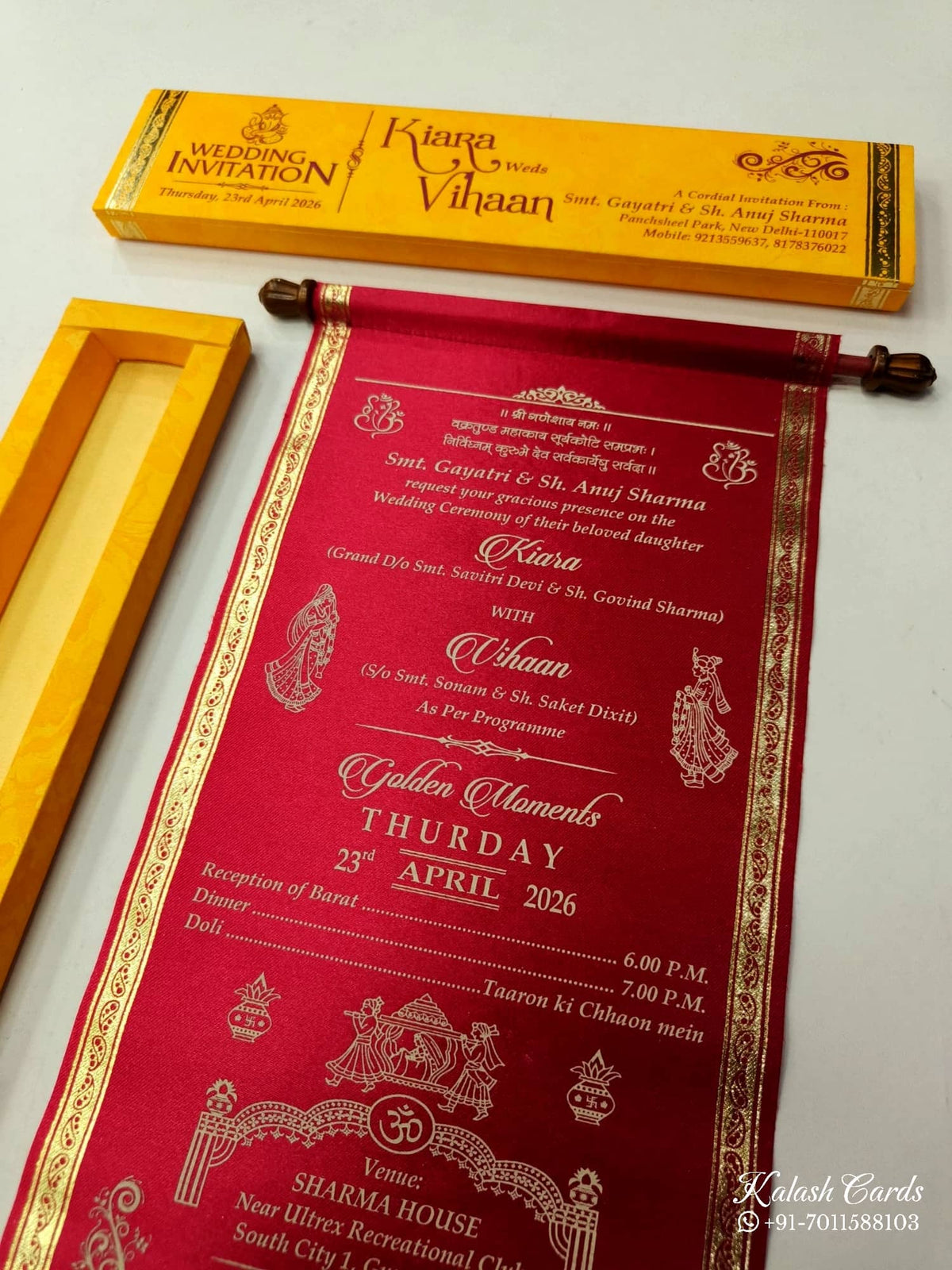 KLS304 Satin Fabric Scroll Wedding Card with Box-Kalash Cards