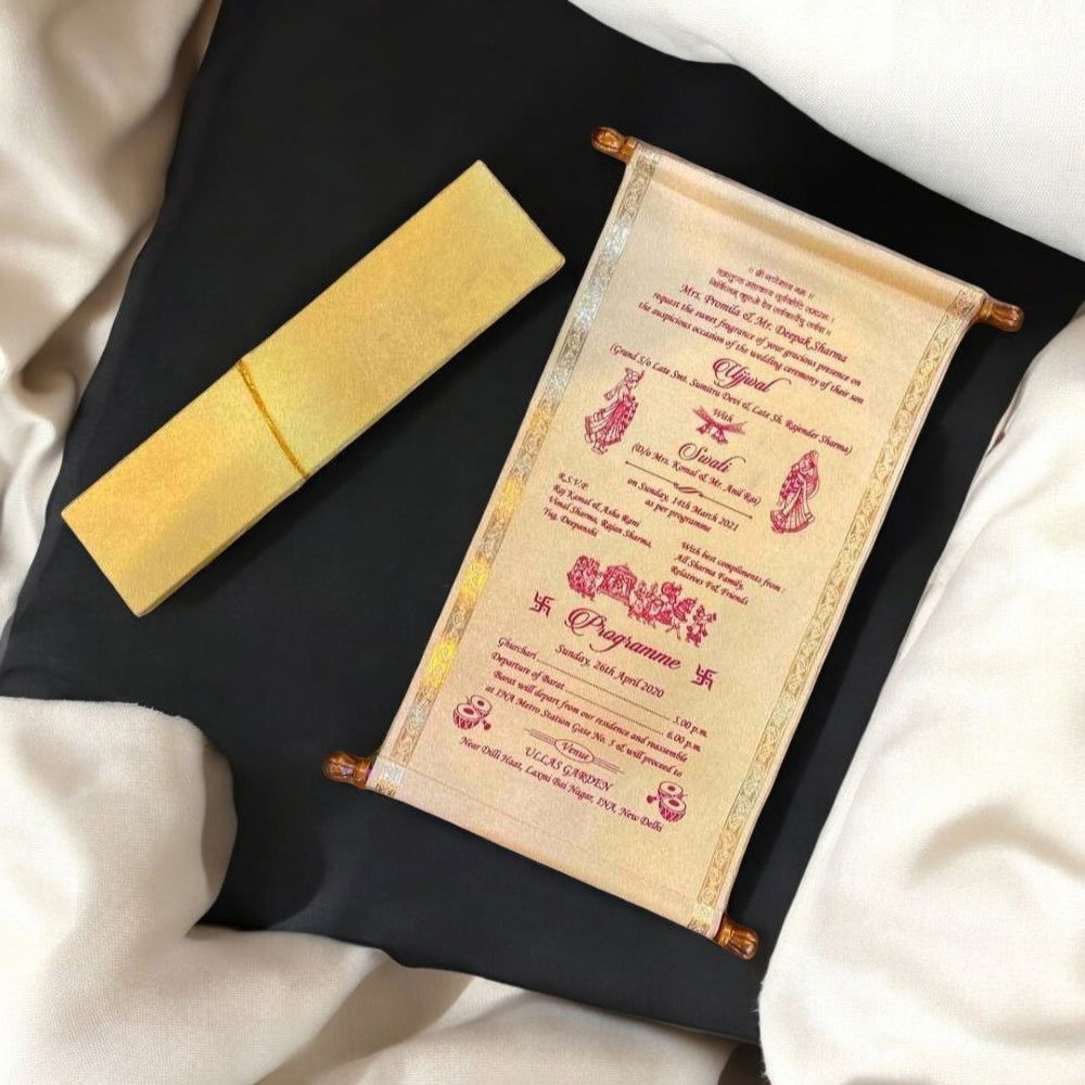 KL5 Satin Fabric Scroll Wedding Card with Box - Kalash Cards