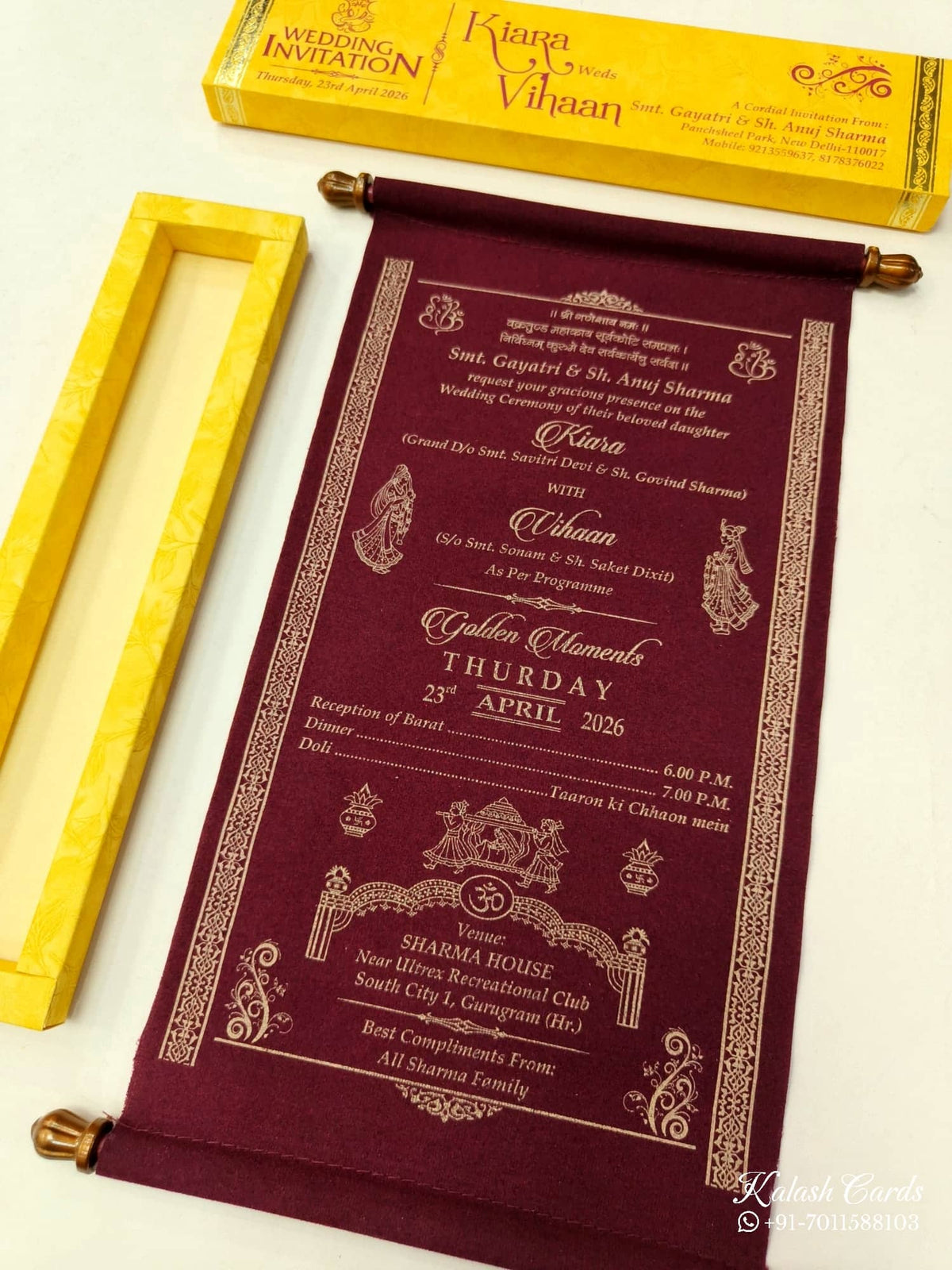 KLS306 Velvet Fabric Scroll Wedding Card with Box-Kalash Cards