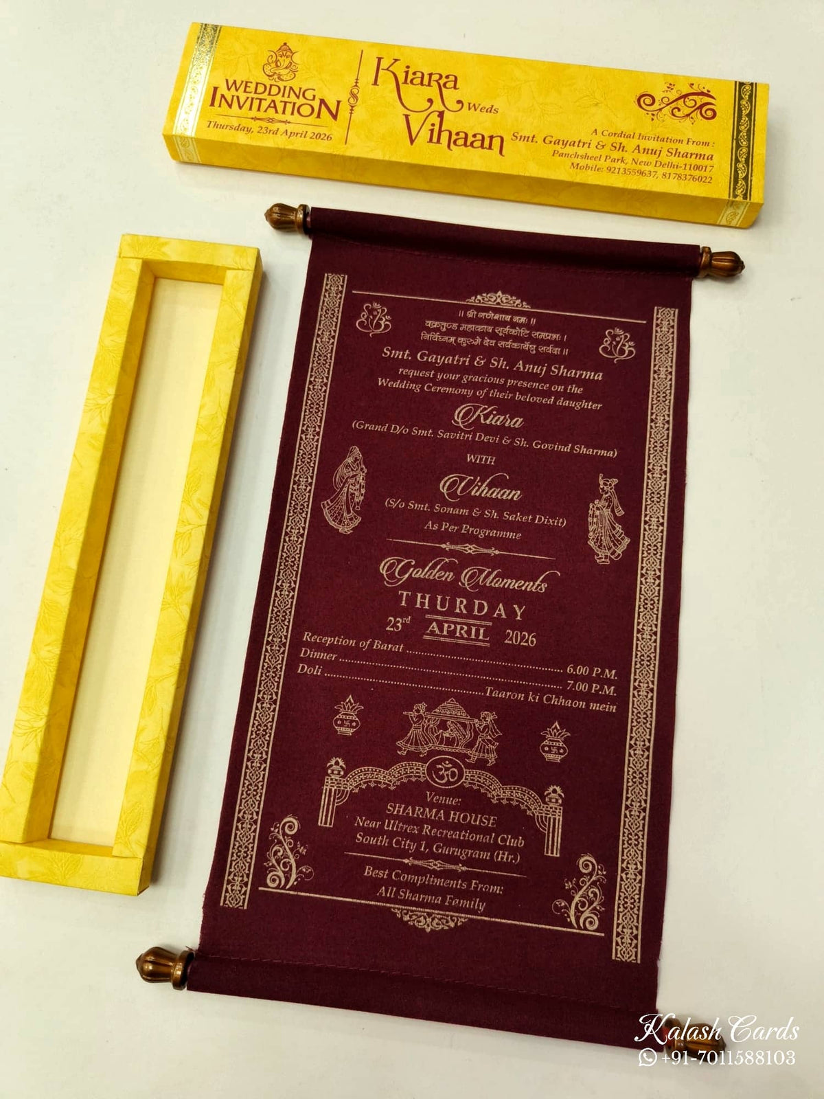 KLS306 Velvet Fabric Scroll Wedding Card with Box-Kalash Cards