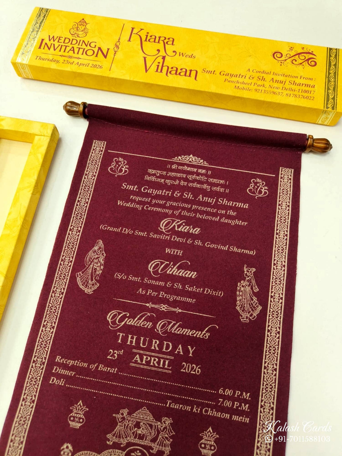 KLS306 Velvet Fabric Scroll Wedding Card with Box-Kalash Cards