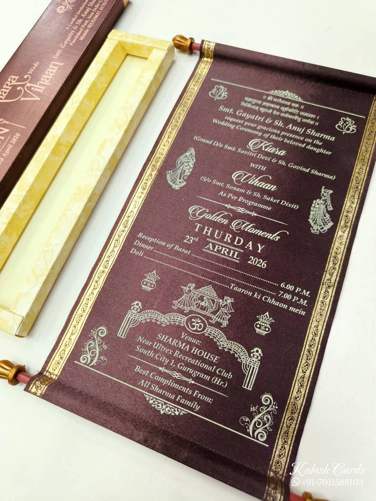 KLS307 Satin Fabric Scroll Wedding Card with Box-Kalash Cards