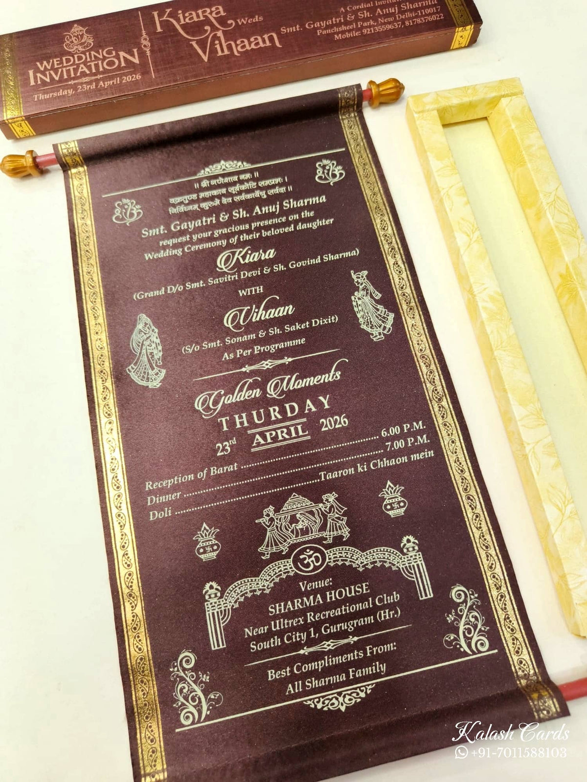 KLS307 Satin Fabric Scroll Wedding Card with Box-Kalash Cards