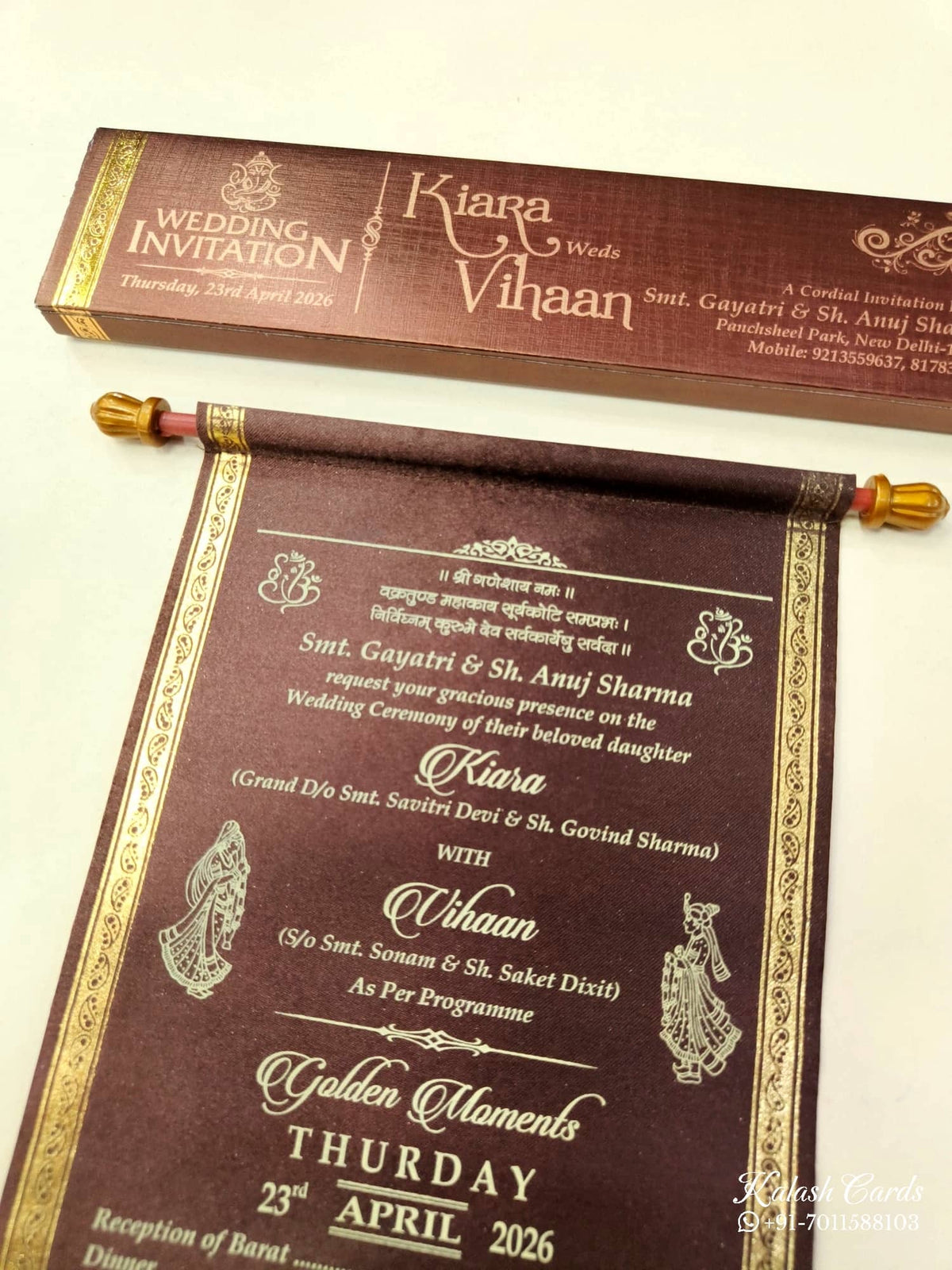 KLS307 Satin Fabric Scroll Wedding Card with Box-Kalash Cards