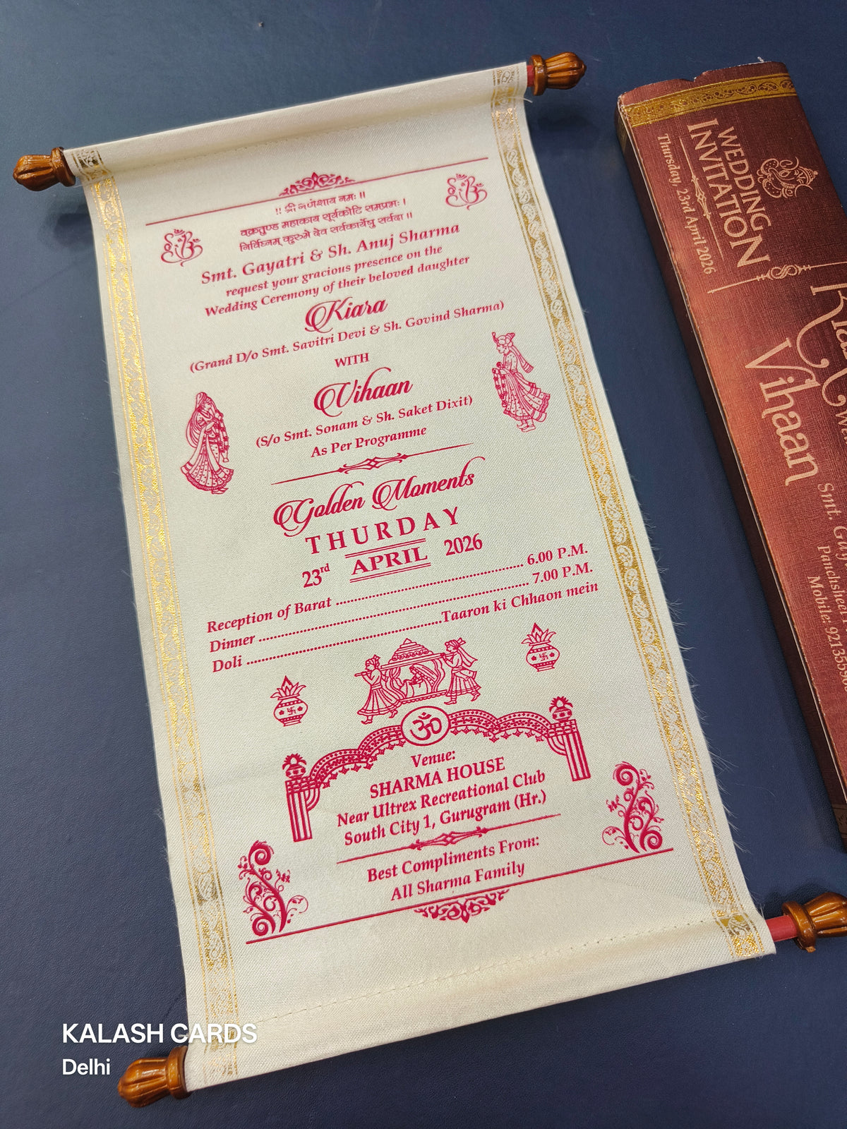 KL8 Satin Fabric Scroll Wedding Card with Box-Kalash Cards