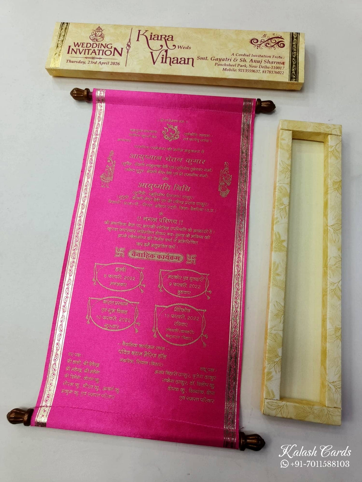 KLS312 Satin Fabric Scroll Wedding Card with Box-Kalash Cards