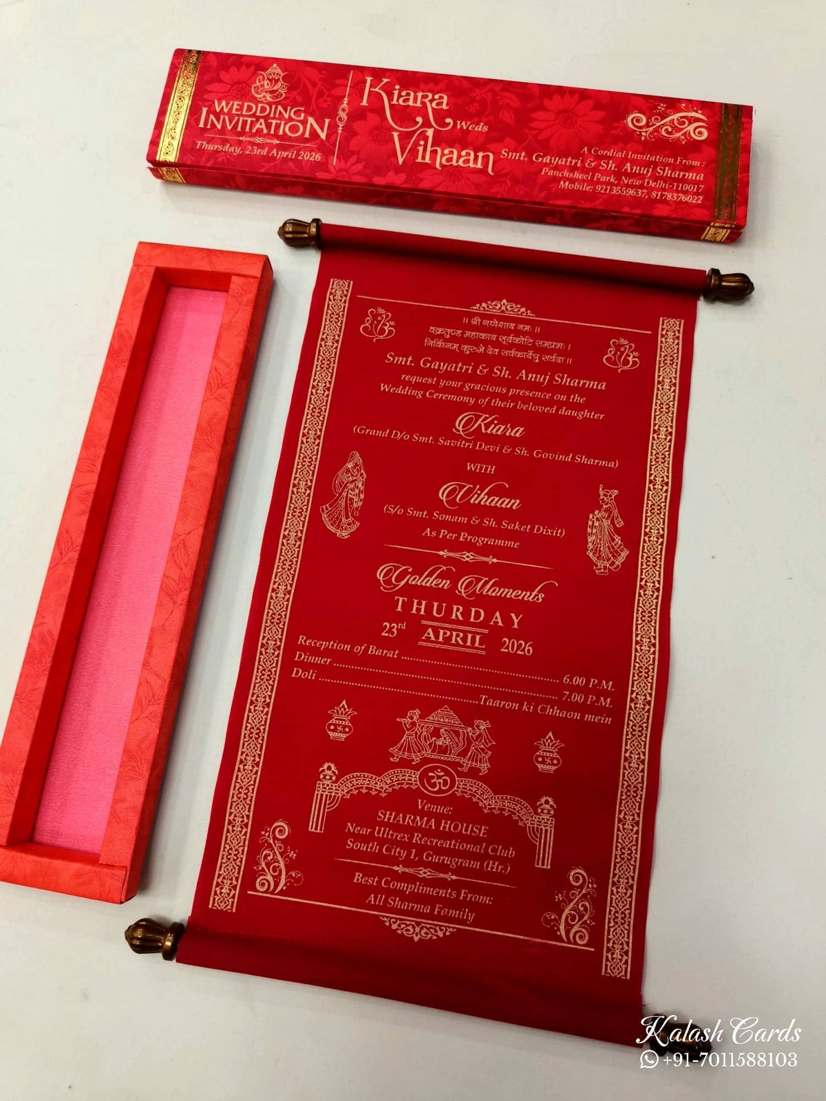 KLS313 Velvet Fabric Scroll Wedding Card with Box-Kalash Cards
