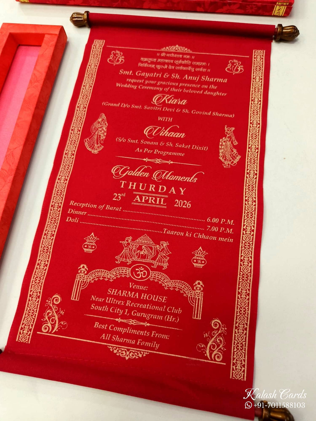 KLS313 Velvet Fabric Scroll Wedding Card with Box-Kalash Cards